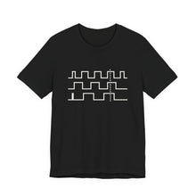 Front of the black Phase Tee: three white square waves drift out of phase and lock at a dotted line, view 1
