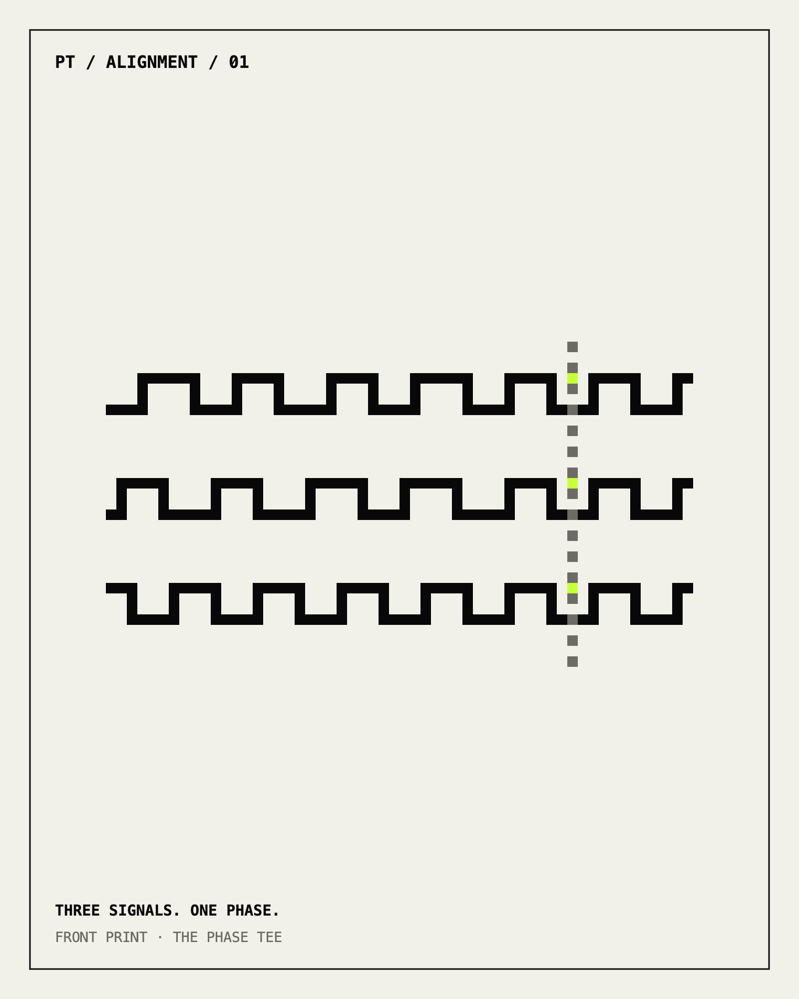 Front print artwork for The Phase Tee: three square wave signals drifting into perfect phase at a marked lock line