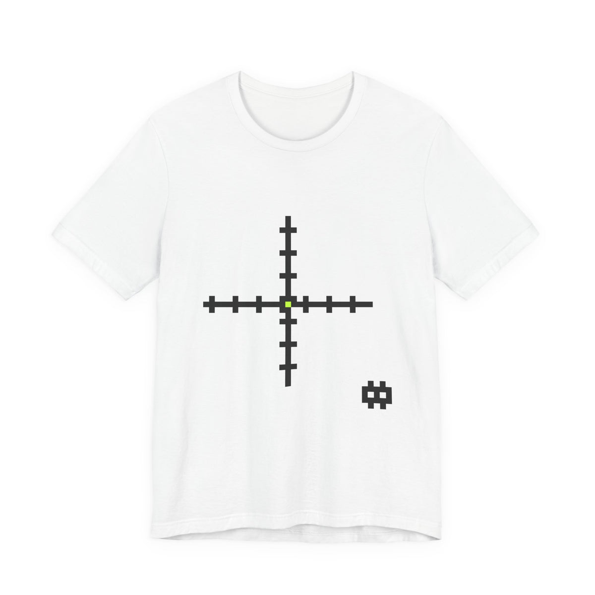 The Meridian Tee by Pixel Threads. Unisex cotton tee laid flat, front view, two pixel lines crossing with a bright cell at the crossing.