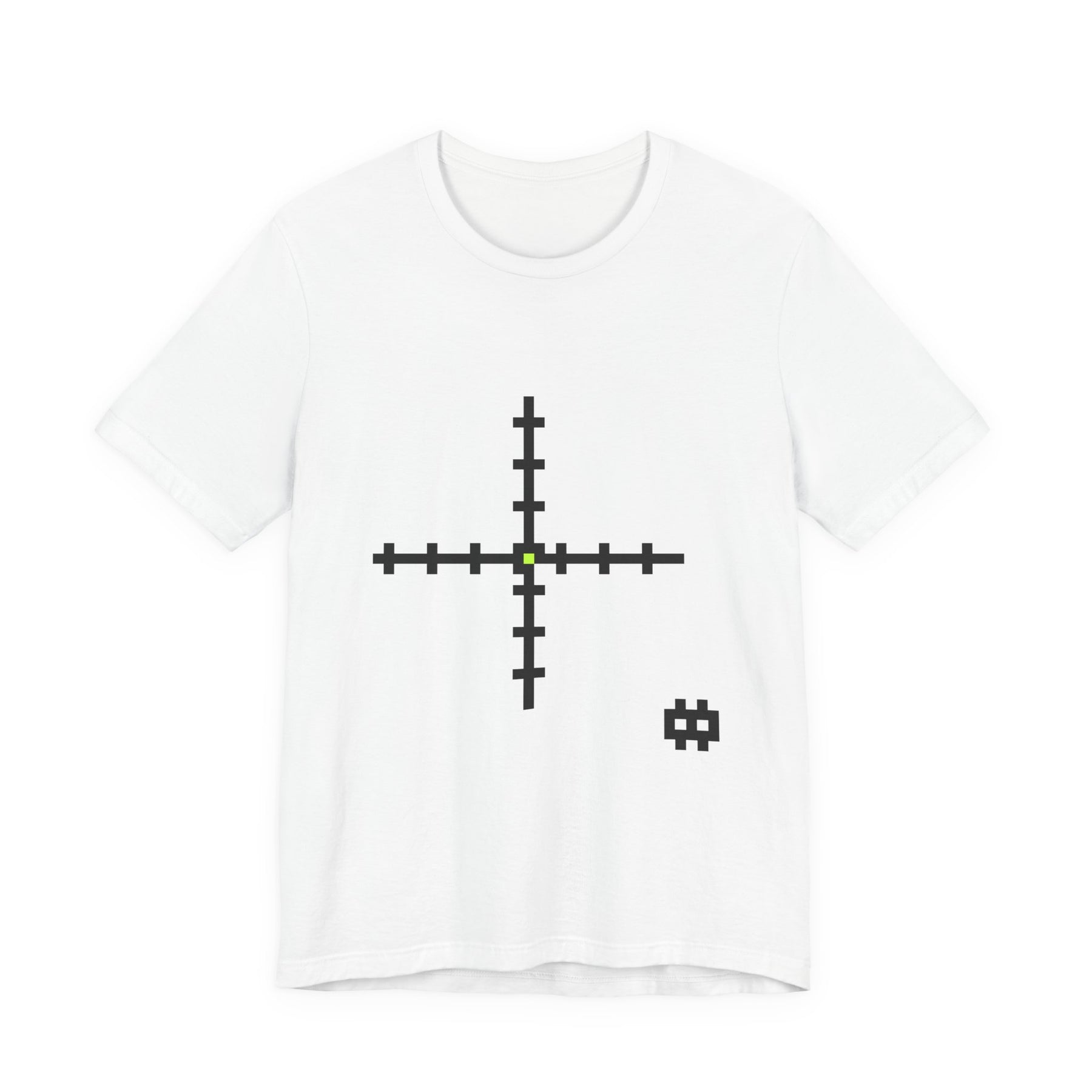The Meridian Tee by Pixel Threads. Unisex cotton tee laid flat, front view, two pixel lines crossing with a bright cell at the crossing.