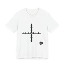 The Meridian Tee by Pixel Threads. Unisex cotton tee laid flat, front view, two pixel lines crossing with a bright cell at the crossing., view 1