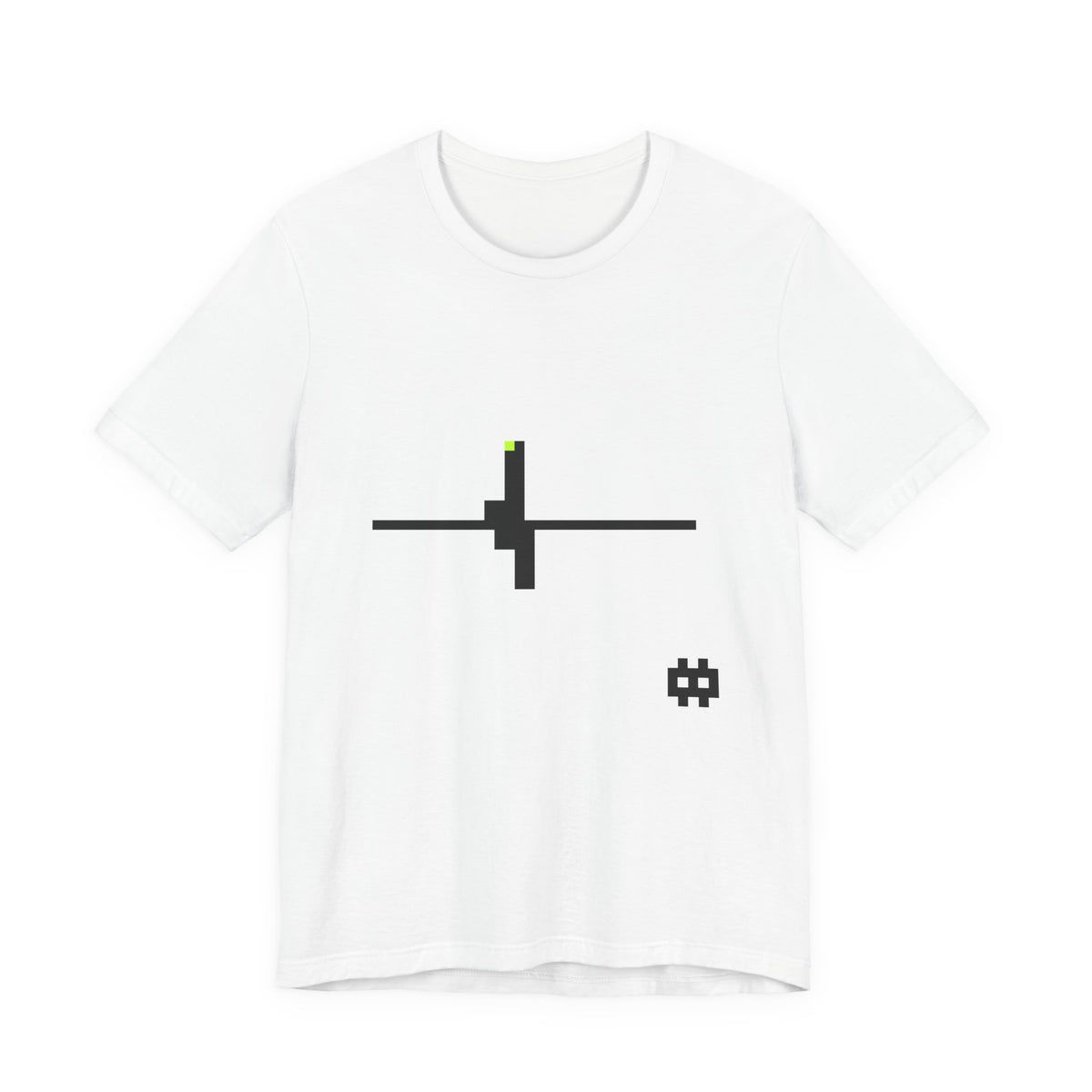 The Pulse Tee by Pixel Threads. Unisex cotton tee laid flat, front view, a flat pixel line broken by one spike.