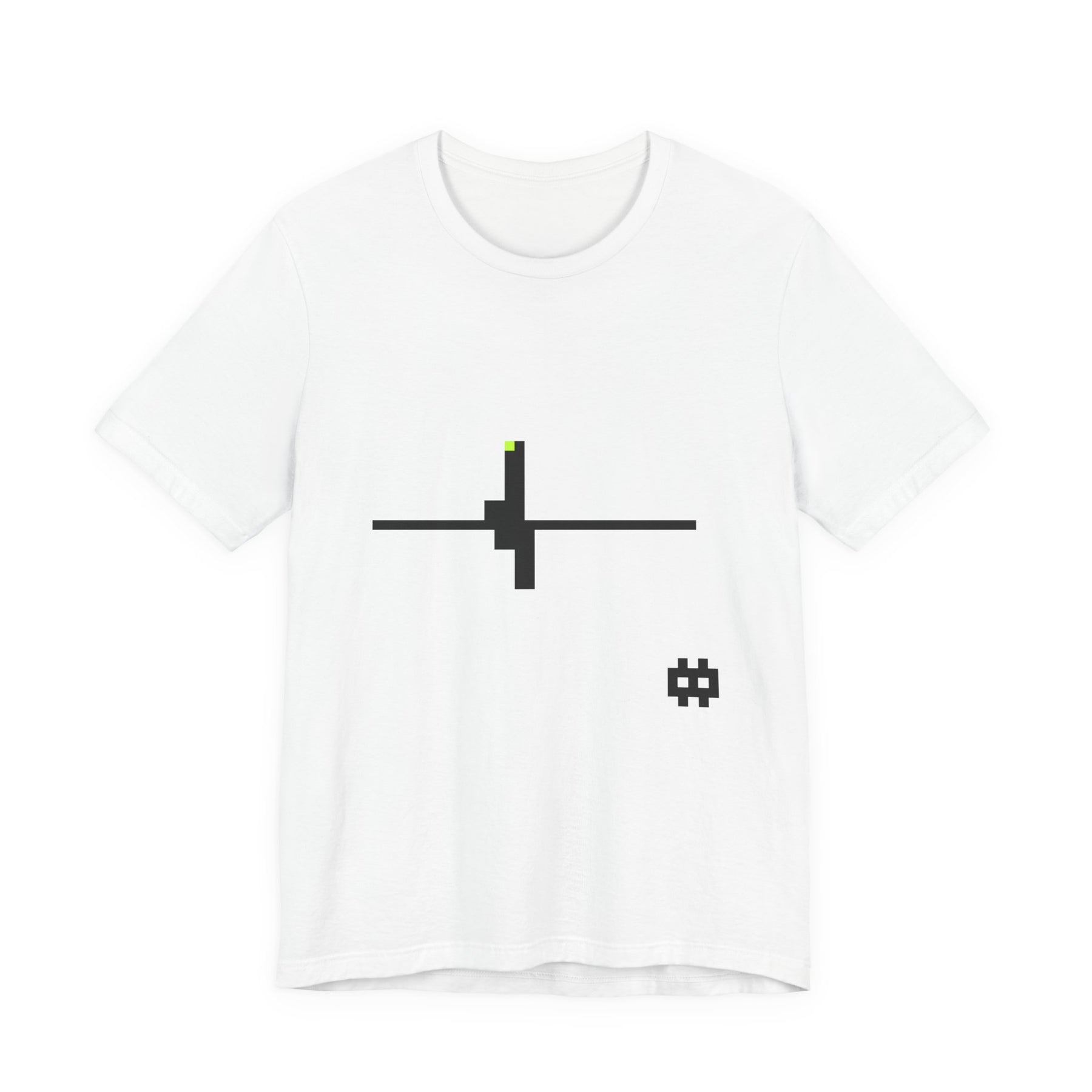 The Pulse Tee by Pixel Threads. Unisex cotton tee laid flat, front view, a flat pixel line broken by one spike.
