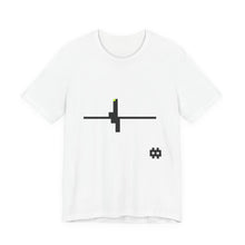 The Pulse Tee by Pixel Threads. Unisex cotton tee laid flat, front view, a flat pixel line broken by one spike., view 1