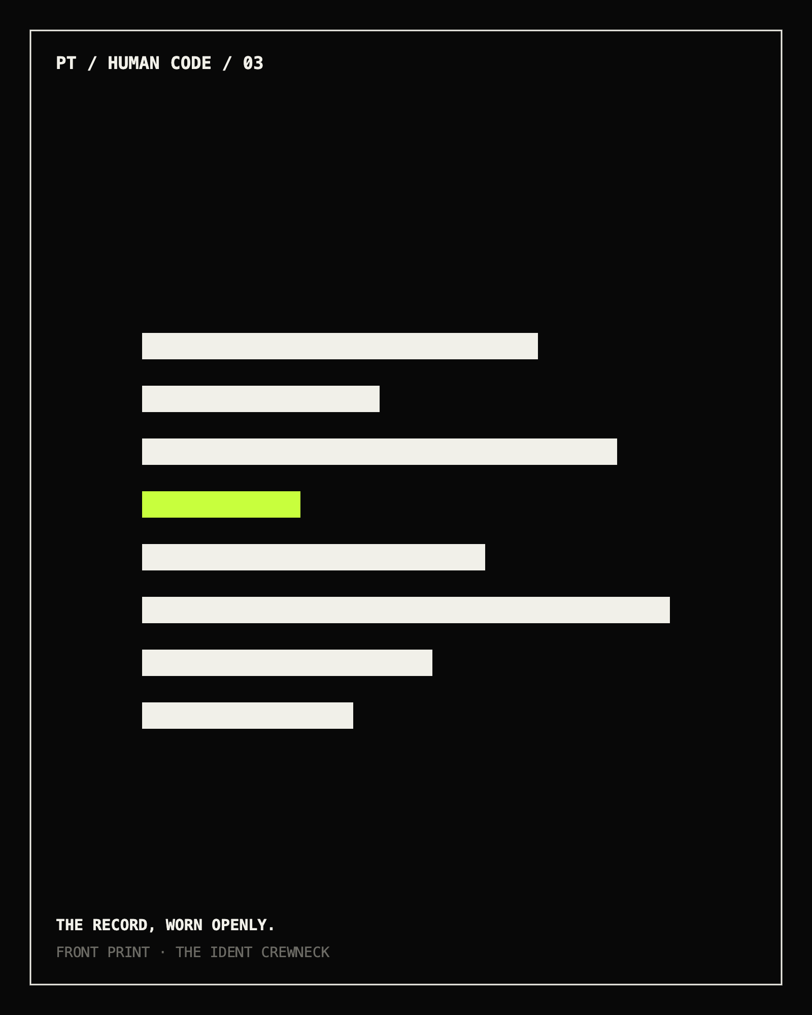 Front print artwork for The Ident Crewneck: eight identification record bars in paper white on ink black, one bar in lime
