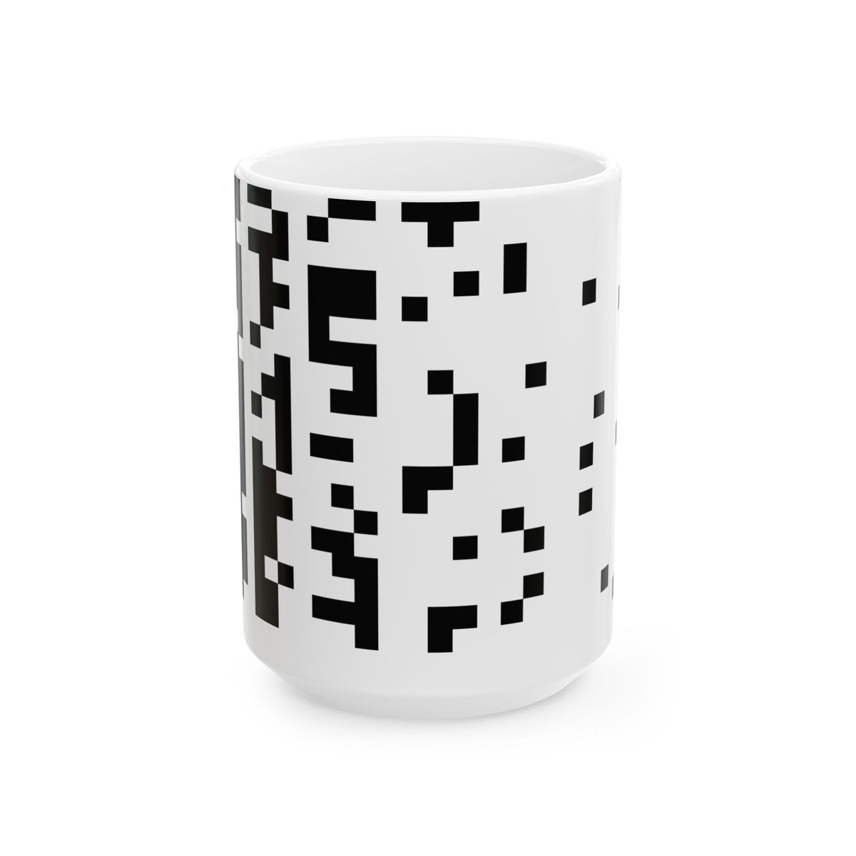 The Test Pattern Mug by Pixel Threads. Ceramic mug, angled front view with the print showing., alternate view