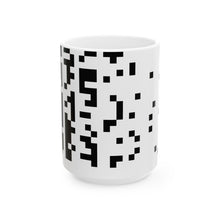 The Test Pattern Mug by Pixel Threads. Ceramic mug, angled front view with the print showing., view 2