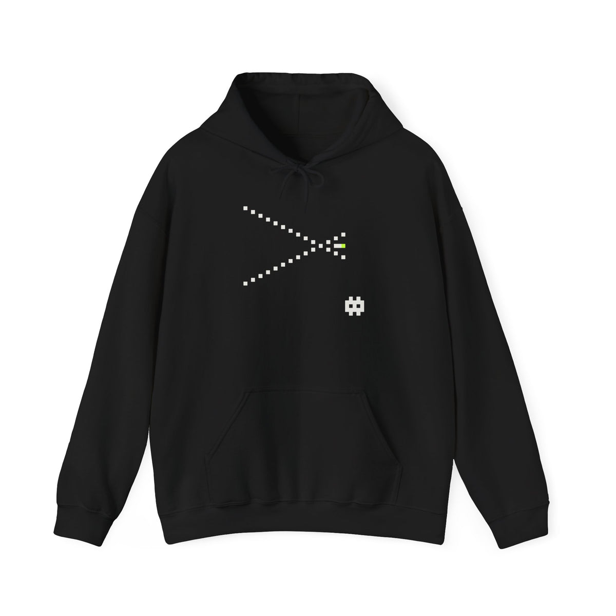 The Vector Hoodie by Pixel Threads. Unisex fleece hoodie laid flat, front view, a pixel chevron narrowing to a lit point.