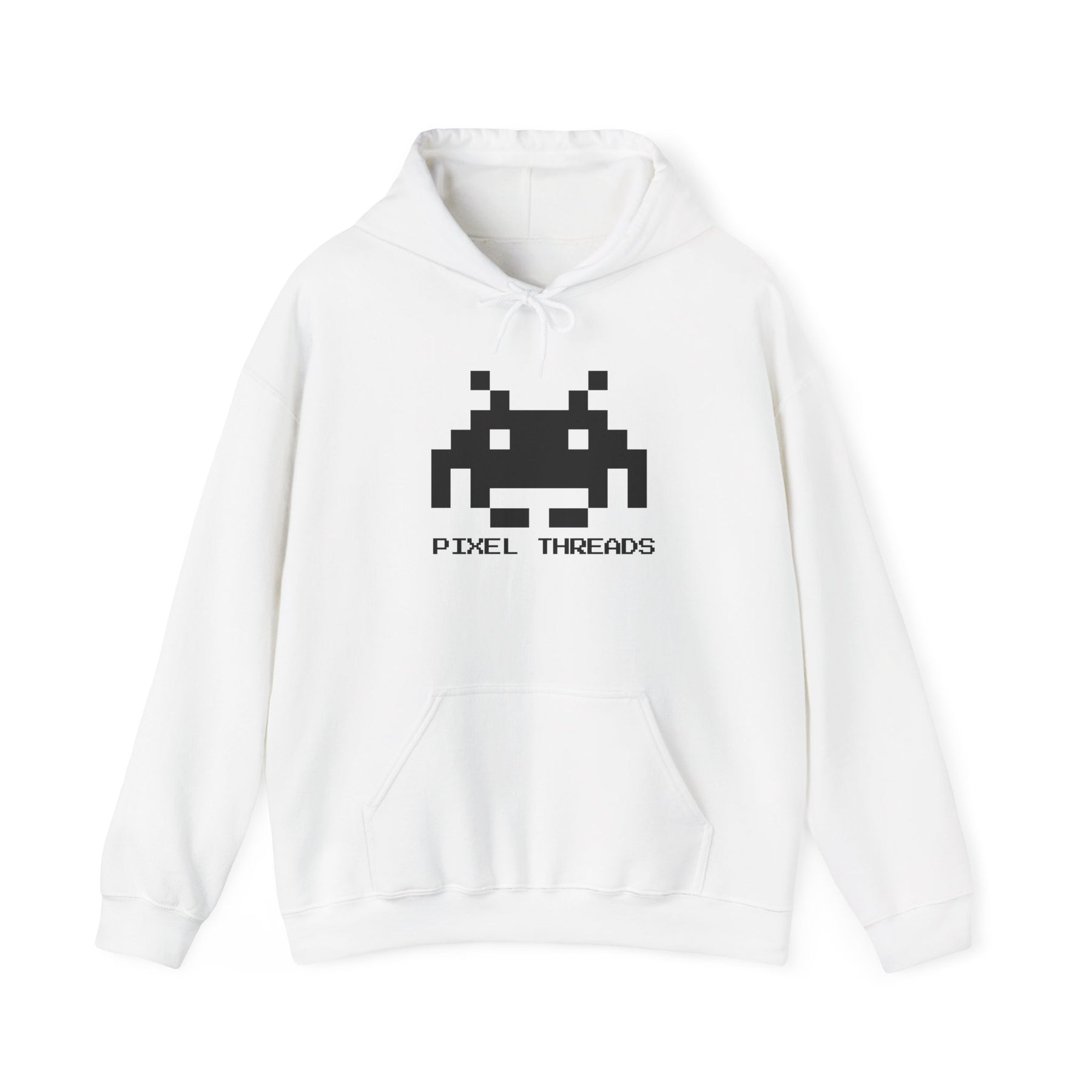 The Static Hoodie by Pixel Threads in white, 8-bit signal emblem on the chest