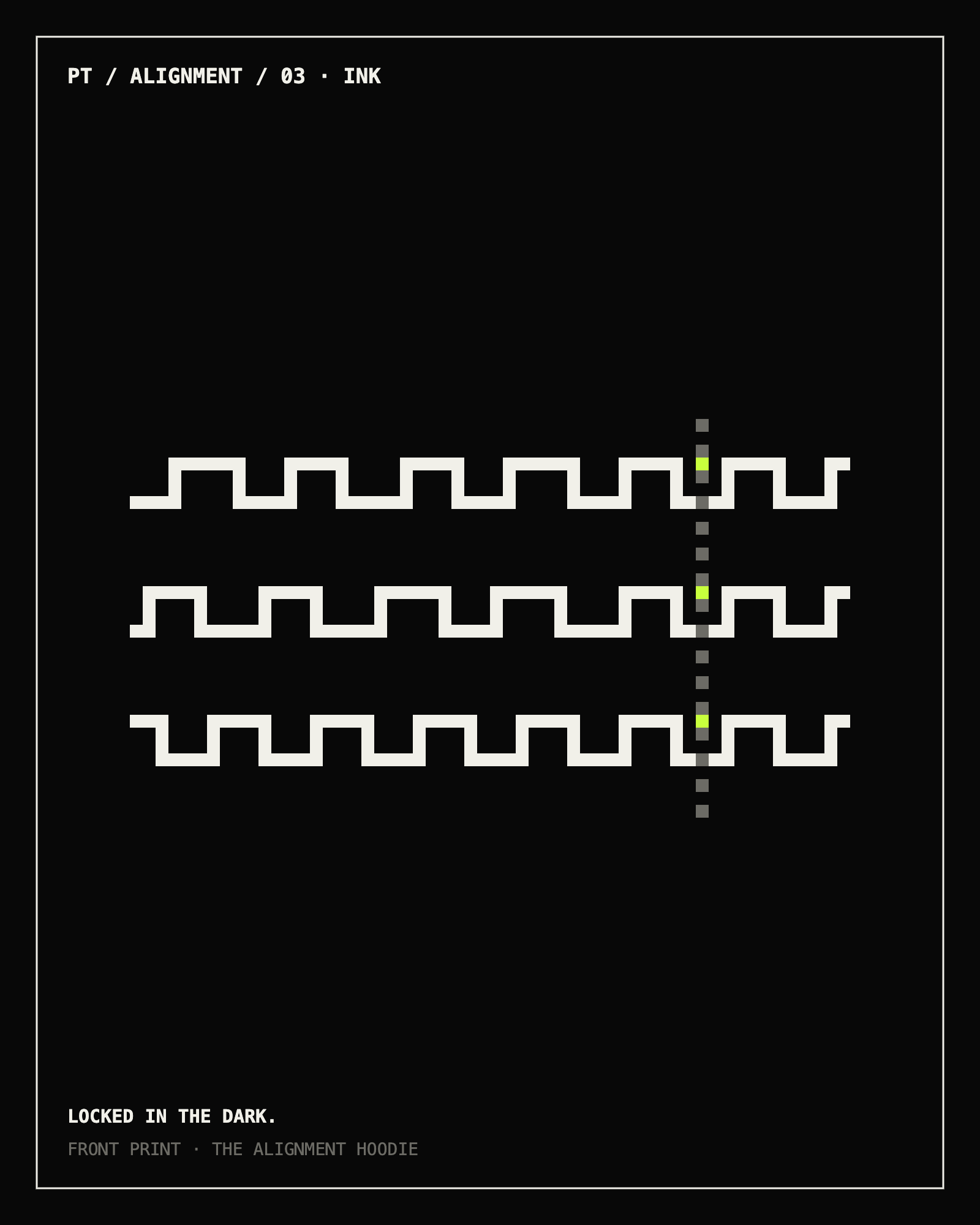 Front print artwork for The Alignment Hoodie Ink: three paper white waves locking into phase on an ink black field