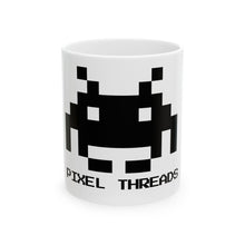 The Signal Mug by Pixel Threads, white ceramic mug with the 8-bit signal emblem, view 1