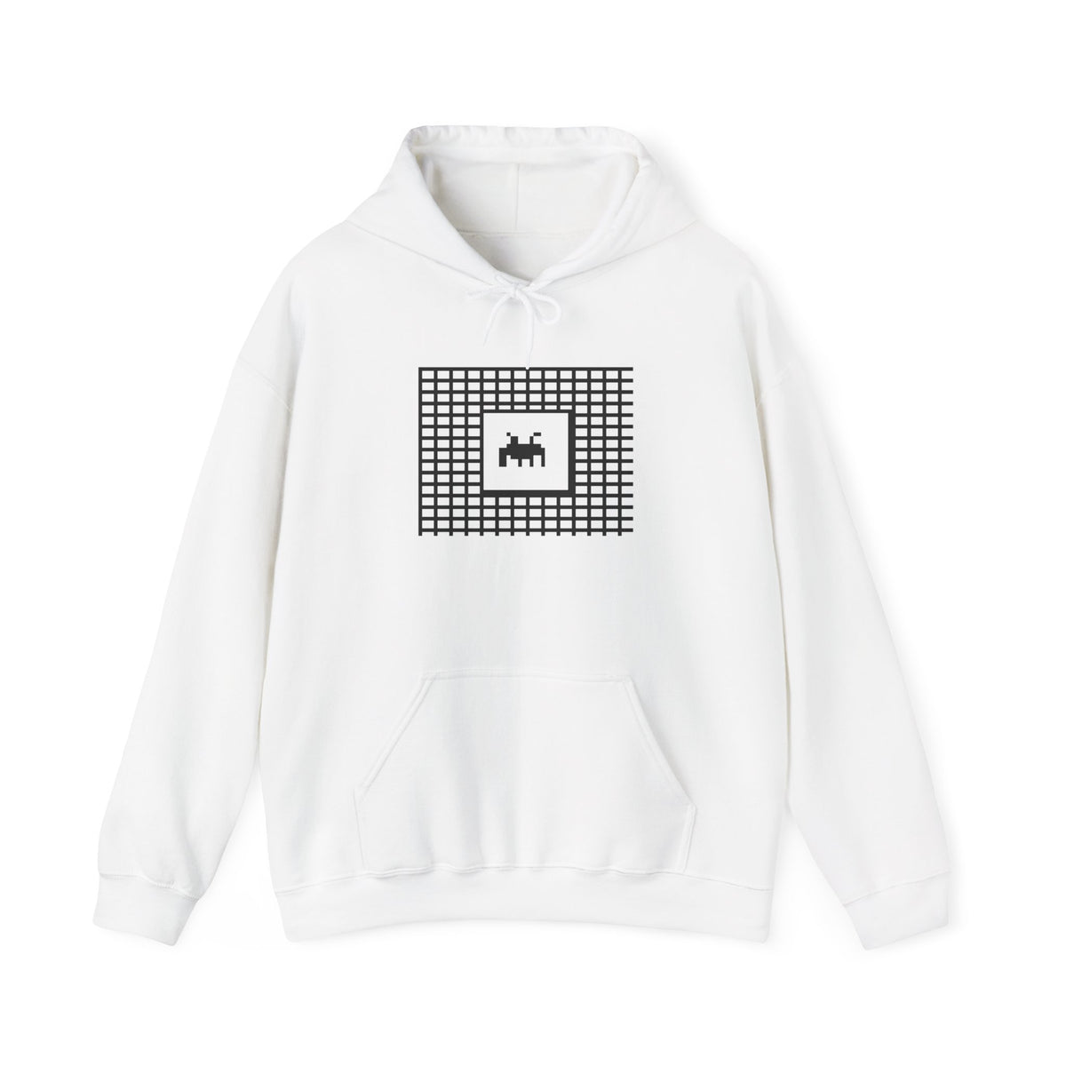 The Interference Hoodie by Pixel Threads. Unisex fleece hoodie laid flat, front view, two pixel grids colliding with the emblem clear inside one window.