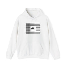 The Interference Hoodie by Pixel Threads. Unisex fleece hoodie laid flat, front view, two pixel grids colliding with the emblem clear inside one window., view 1