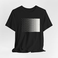 Black Dither Tee laid at an angle, dither gradient print across the chest, view 4