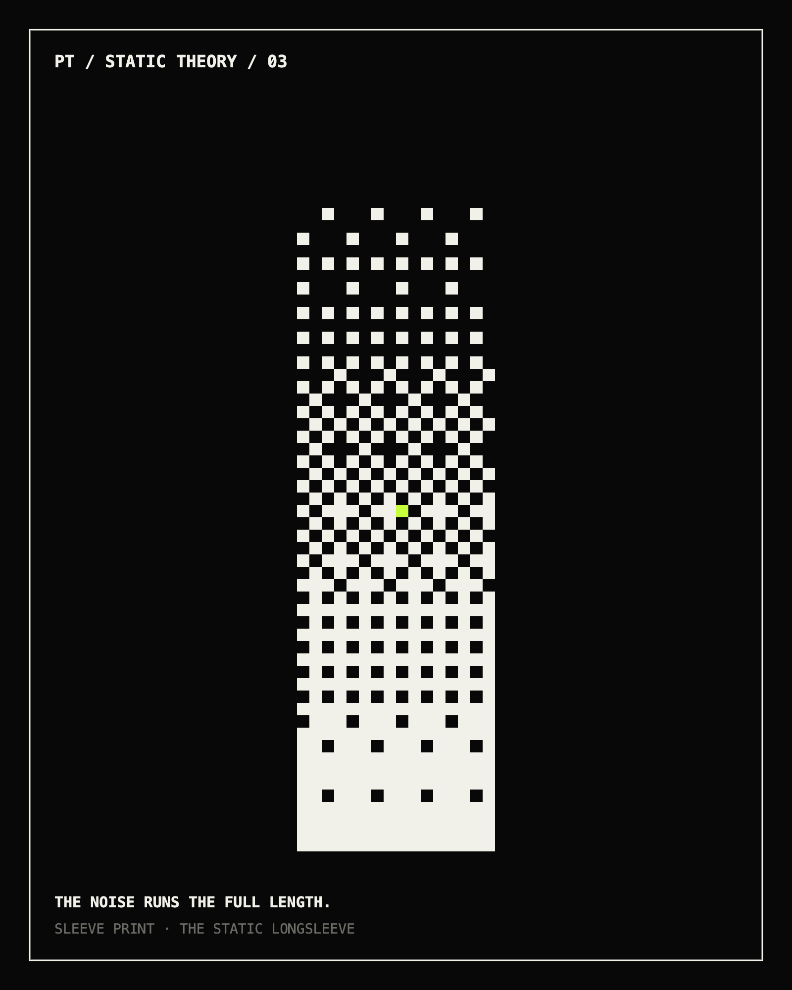 Artwork for The Static Longsleeve: a vertical band of dither static resolving down the sleeve in paper white on ink black