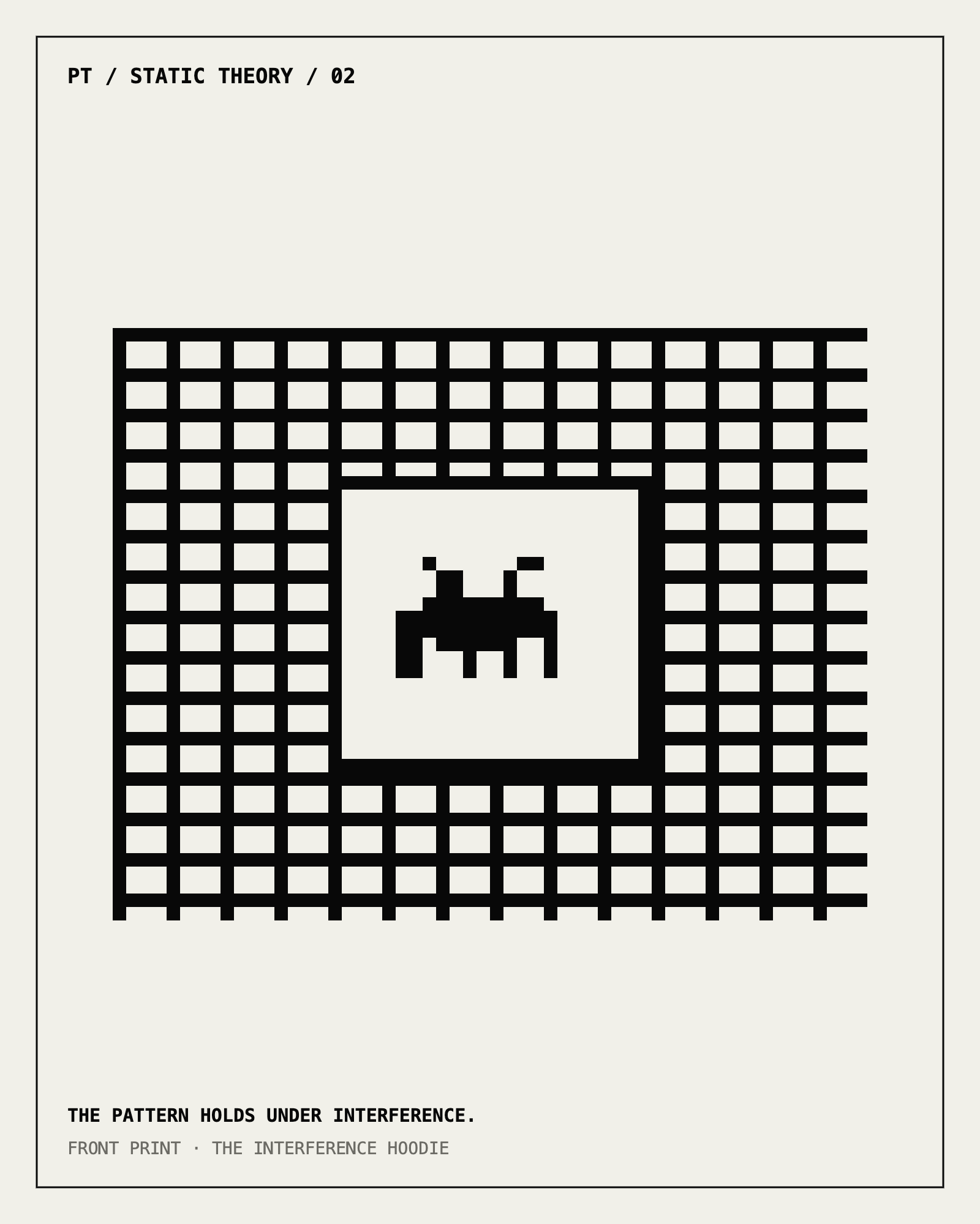 Front print artwork for The Interference Hoodie: two crossing grids create interference around a clean window holding the Pixel Threads emblem