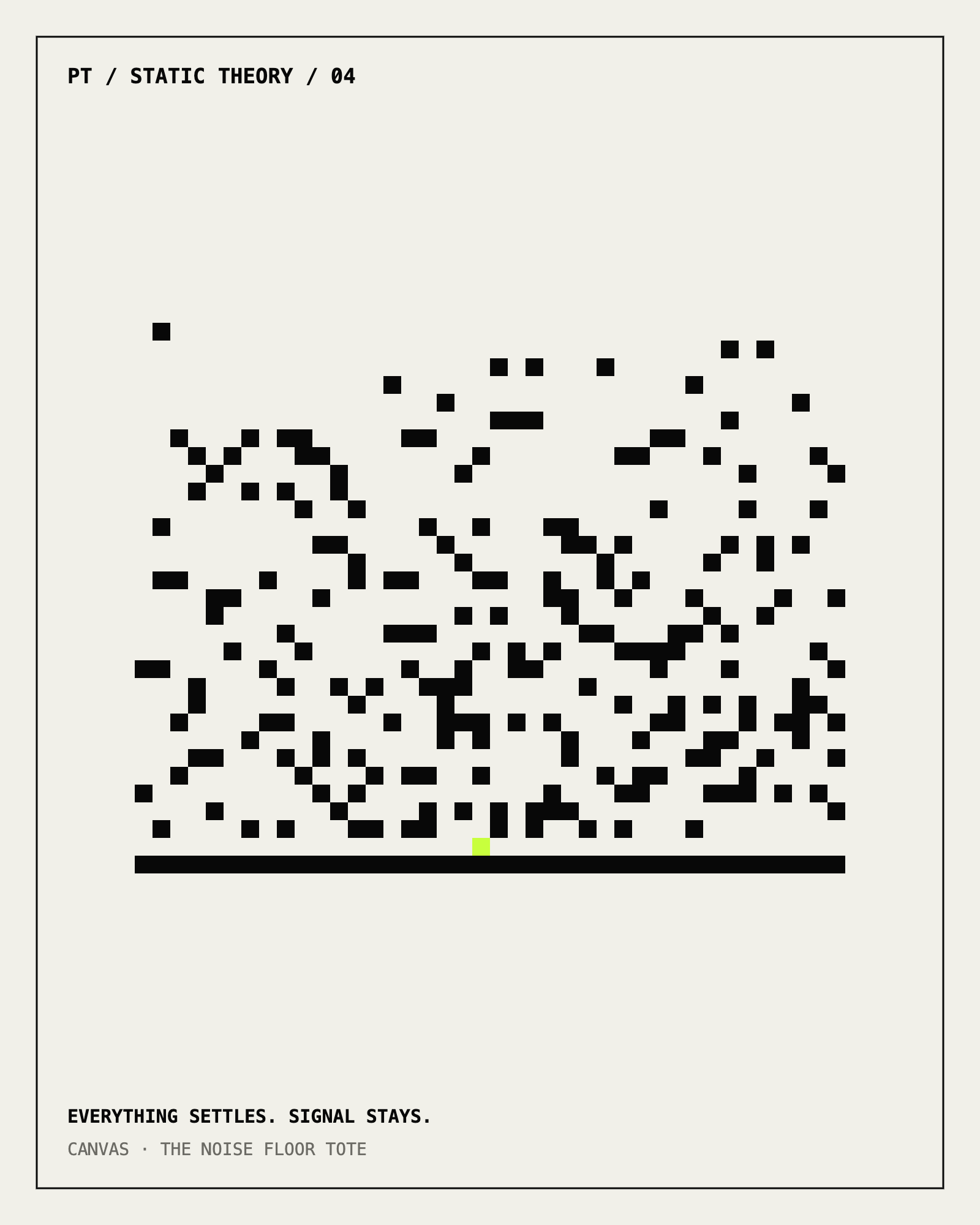 Artwork for The Noise Floor Tote: scattered pixel noise settling onto a single solid floor line with one lime cell resting on it