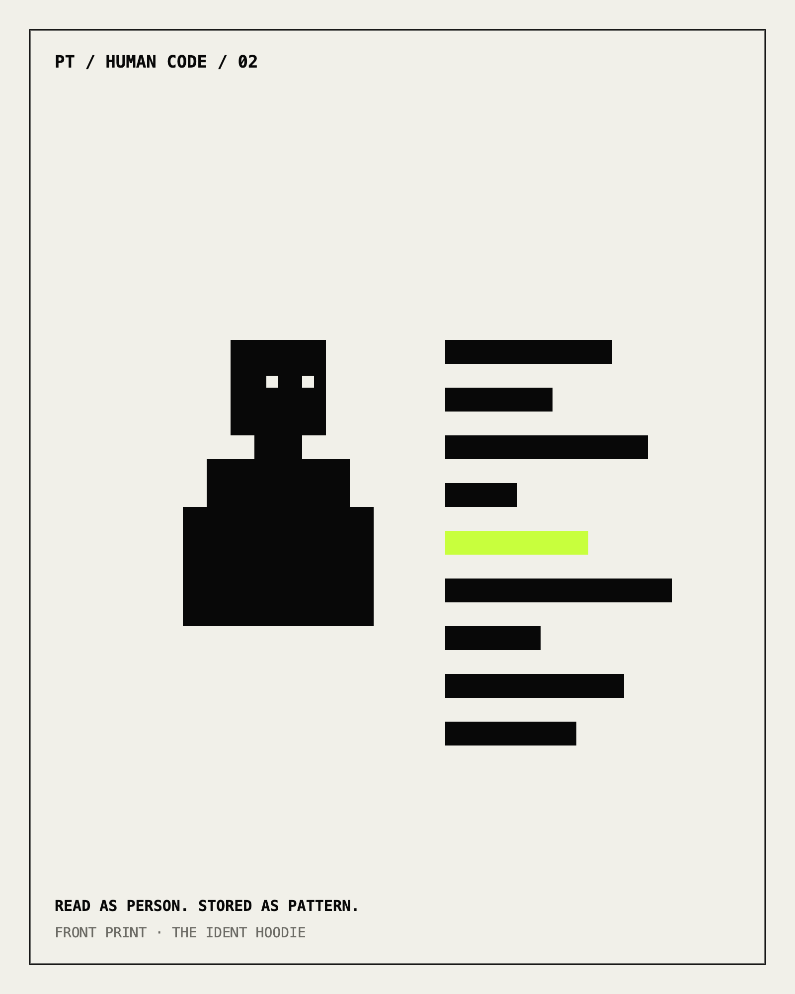 Front print artwork for The Ident Hoodie: an 8 bit human figure beside a stack of identification code bars, one highlighted